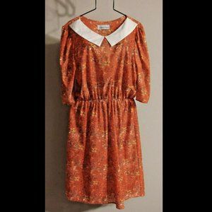 Vtg Red Floral Poly Collared Midi Dress Bust 42"